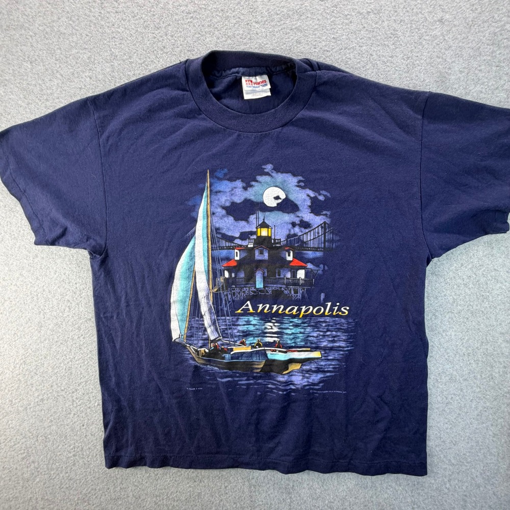 Vintage 1994 Hanes Annapolis Sailboat T Shirt Single Stitch Navy Blue Large USA